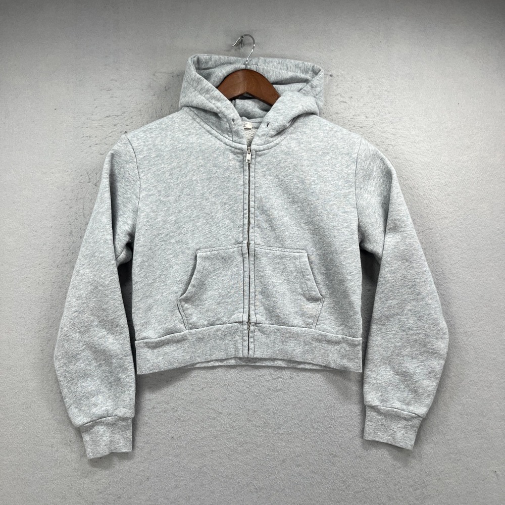 John Galt Full Zip Hoodie Womens OS Gray Crystal Crop Basic Soft Sweatshirt